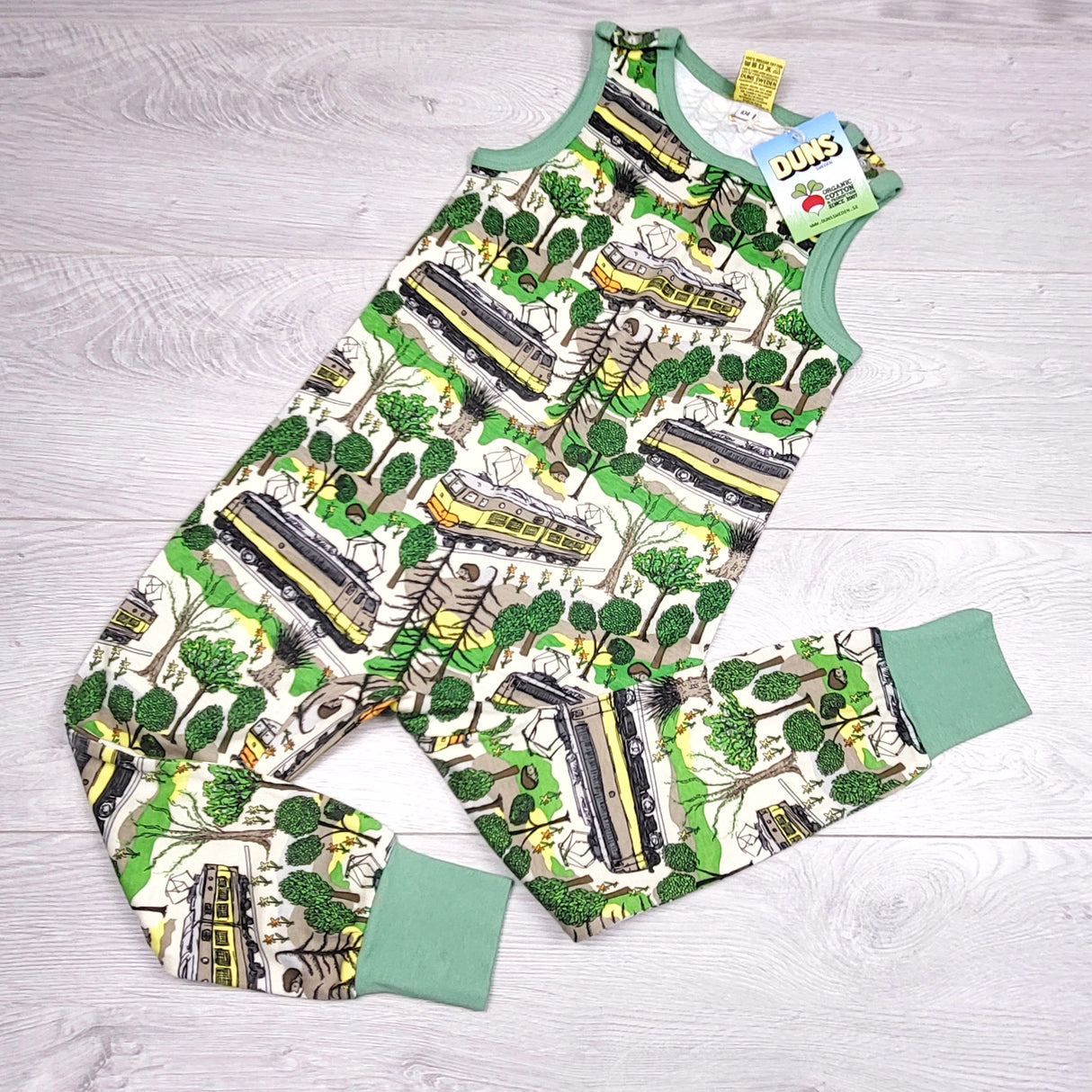 BNG3 - NEW - Duns (Swedish brand) romper with trains. Size 4T