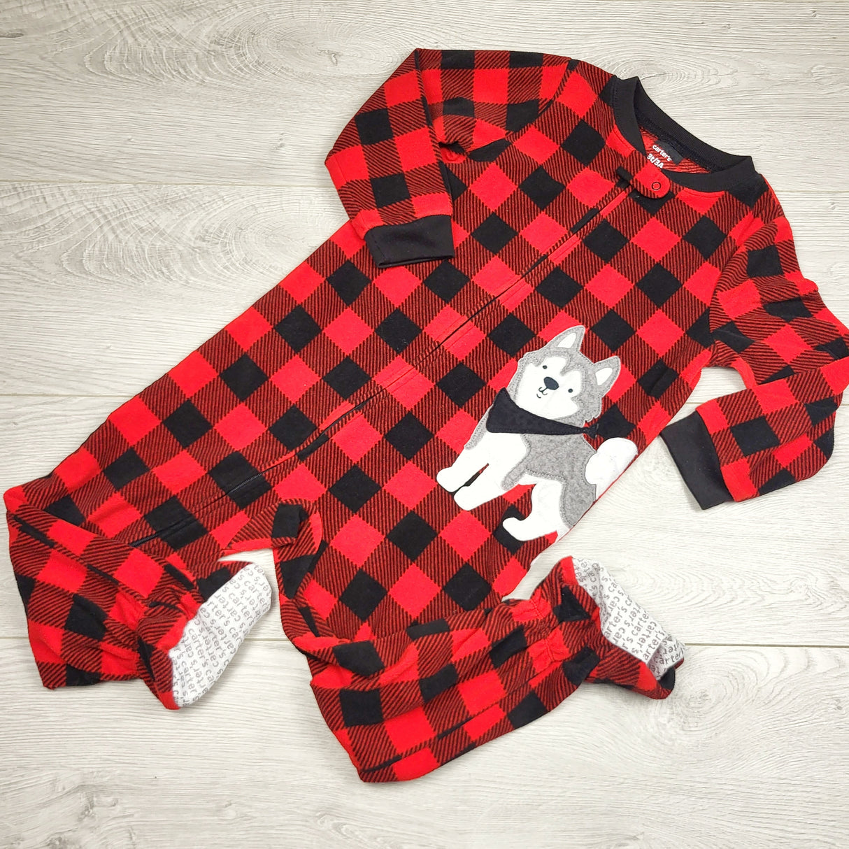 BNG3 - Carters buffalo plaid zippered fleece sleeper with wolf. Size 3T