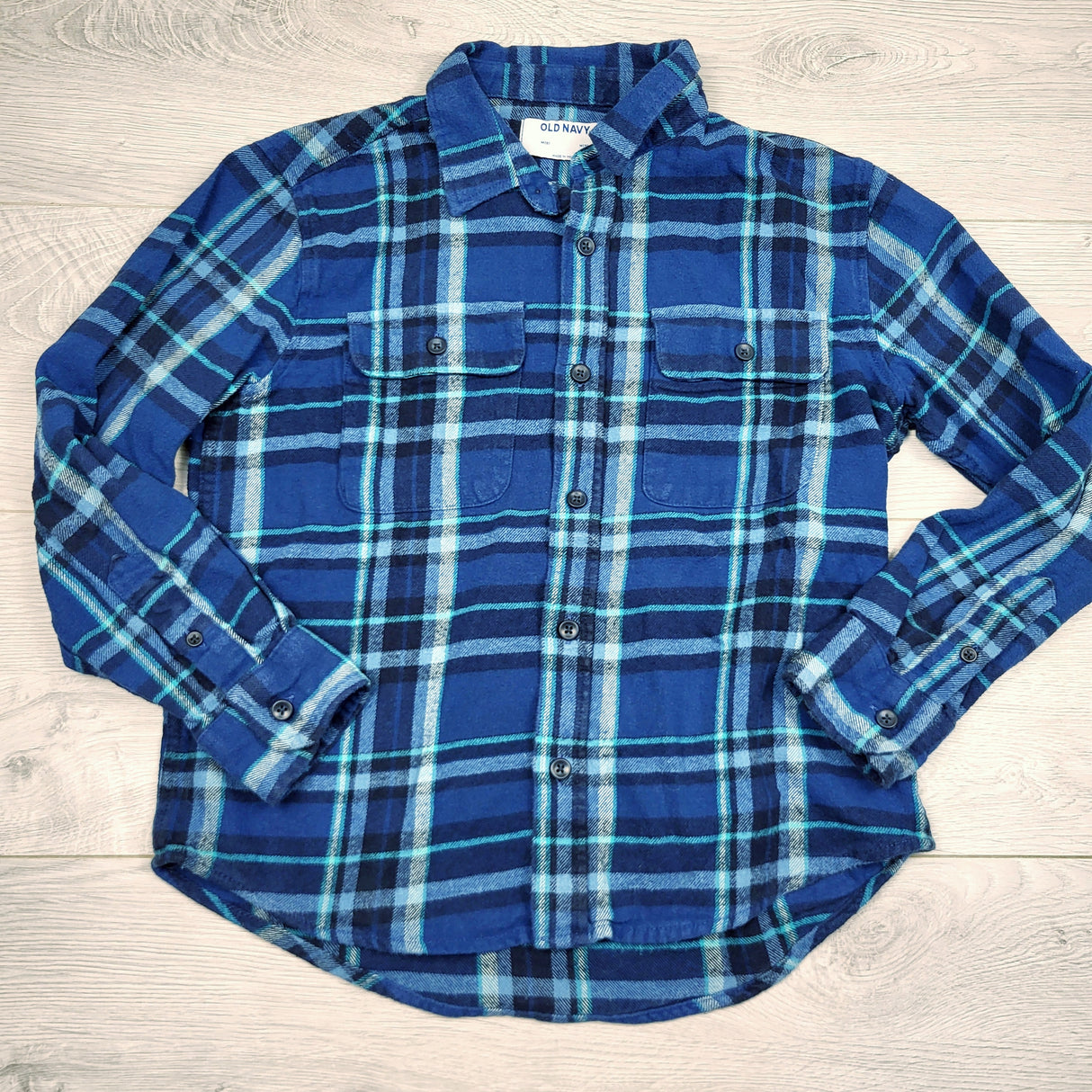 DPAR2 - Old Navy navy plaid flannel button down shirt. Size 8