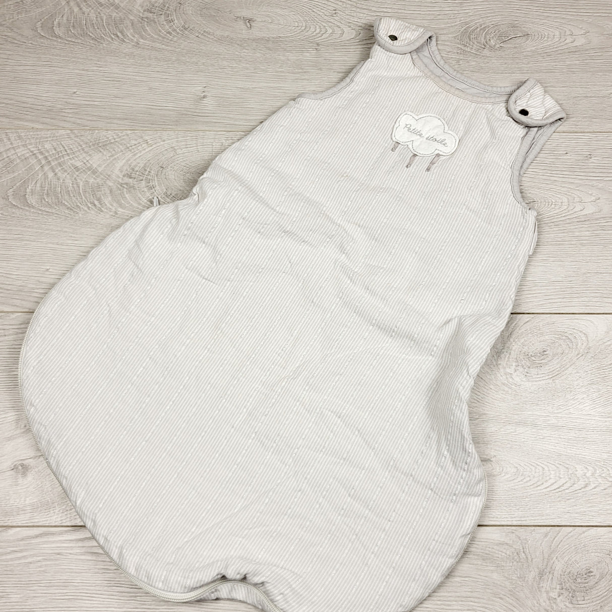 ECRS2 - Tahari grey striped sleep sack with silver sparkl threading. Size 0-6 months