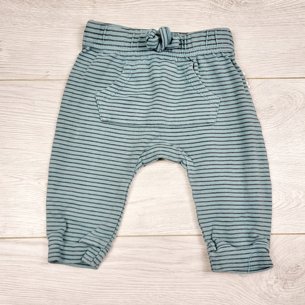 ECRS2 - Rabbit + Bear teal striped cotton pants. Size 3-6 months