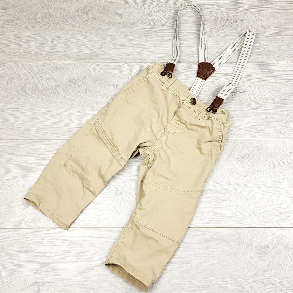 ECRS2 - H and M khaki pants with suspenders. Size 9-12 months