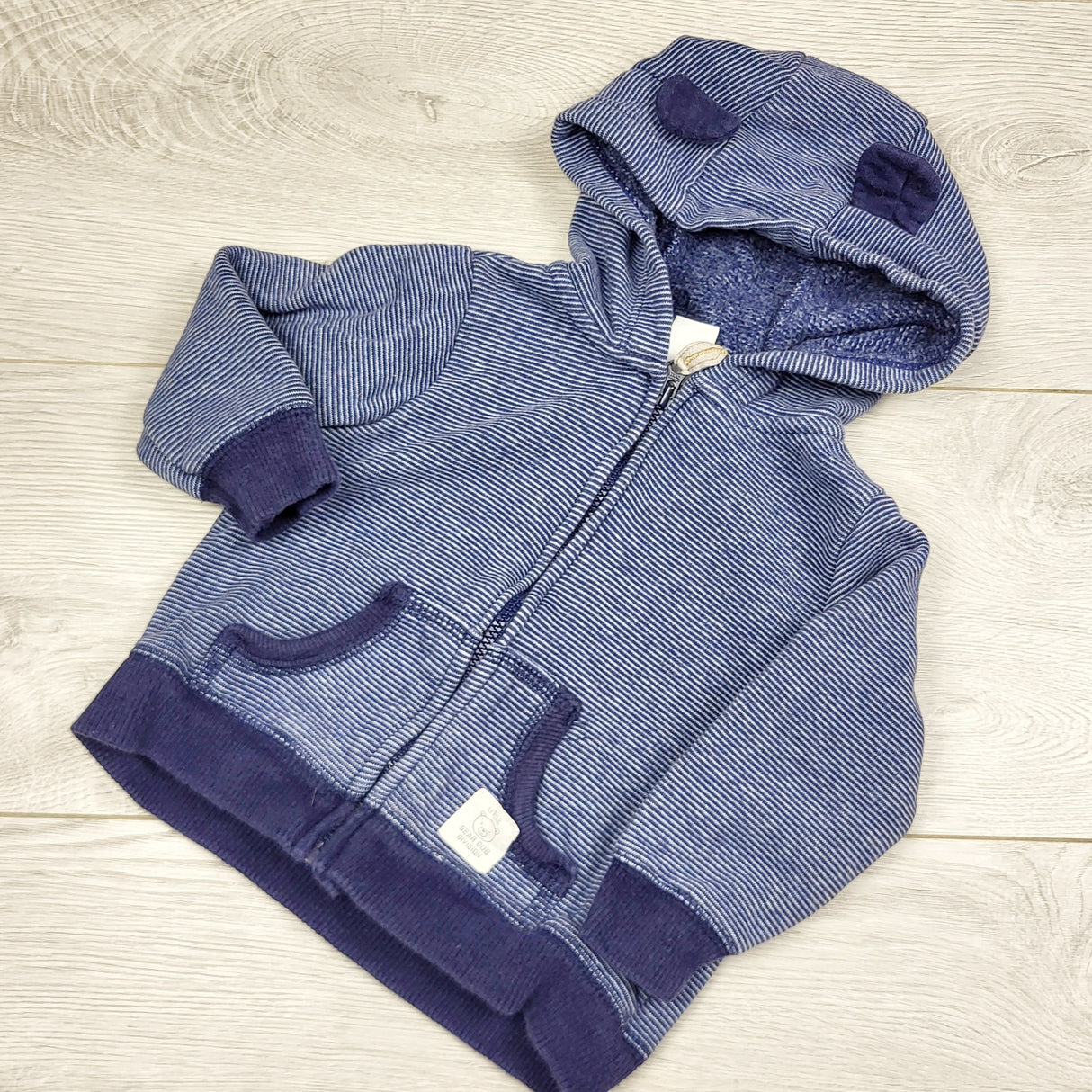 ECRS2 - Carters navy striped fleecy lined zip up hoodie. Size 9 months