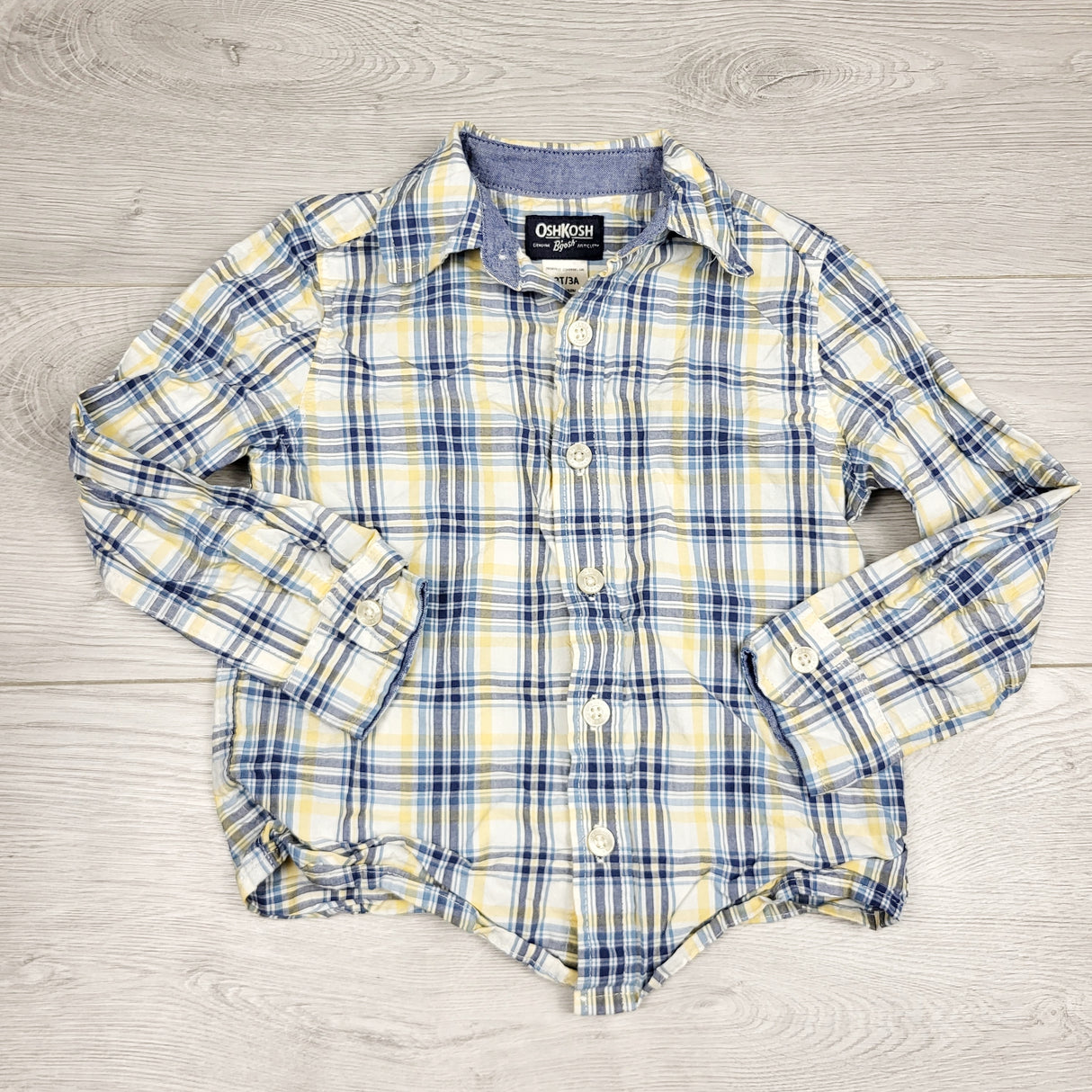 RMAZ2 - Oshkosh white, blue and yellow plaid button down shirt. Size 3T