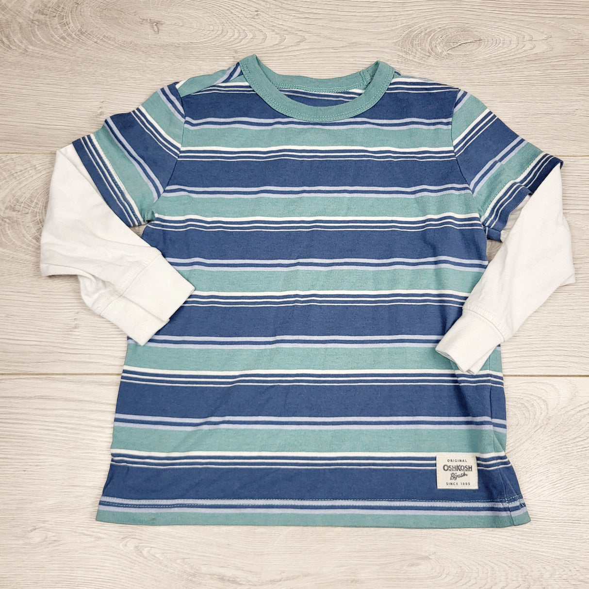 RMAZ22 - Oshkosh blue and teal striped long sleeved fooler top. Size 3T