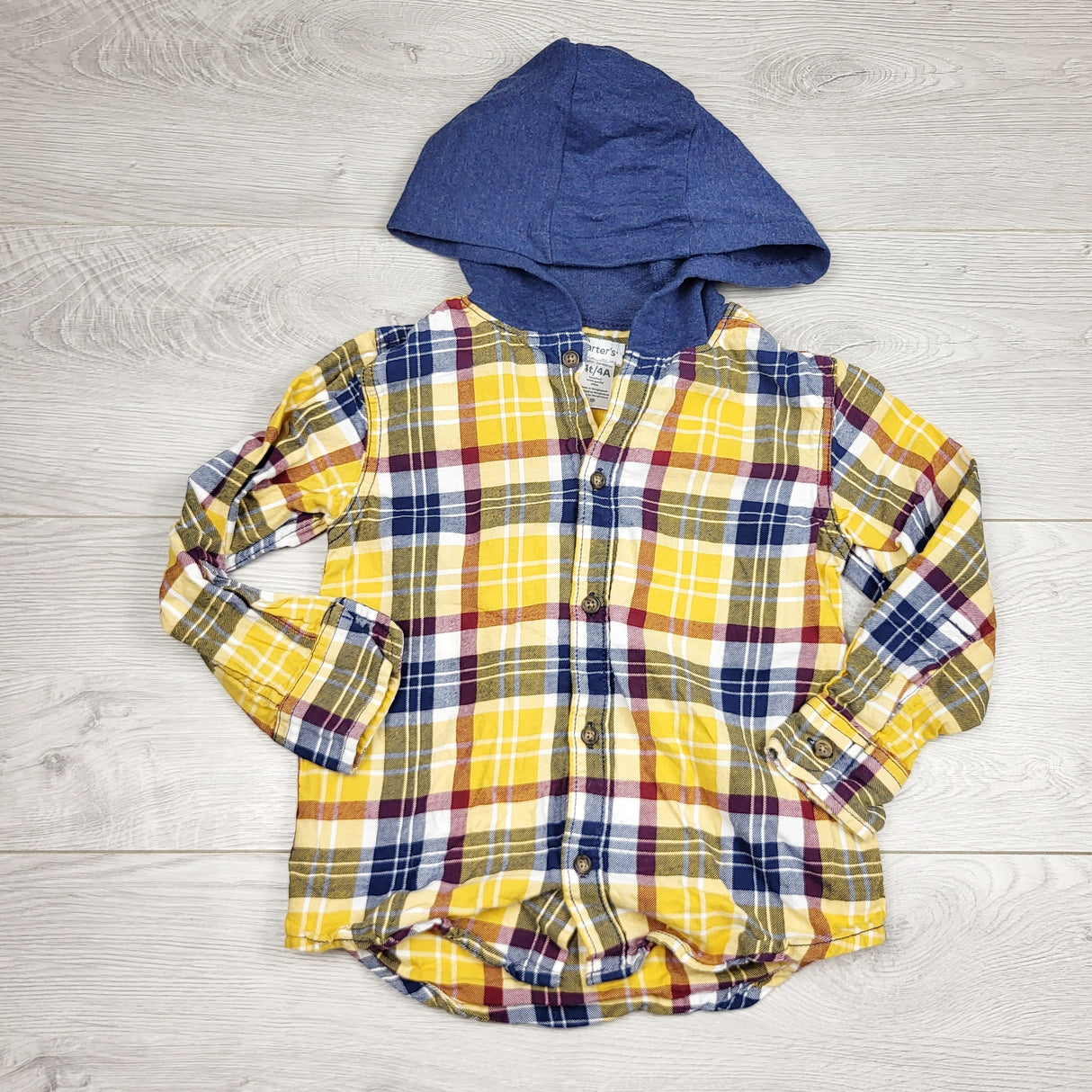 RMAZ22 - Oshkosh yellow plaid hooded button down shirt. Size 4T