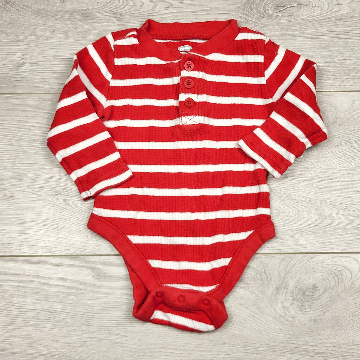 SPRCH1 - Old Navy red and white striped waffle knit bodysuit. Size 6-12 months