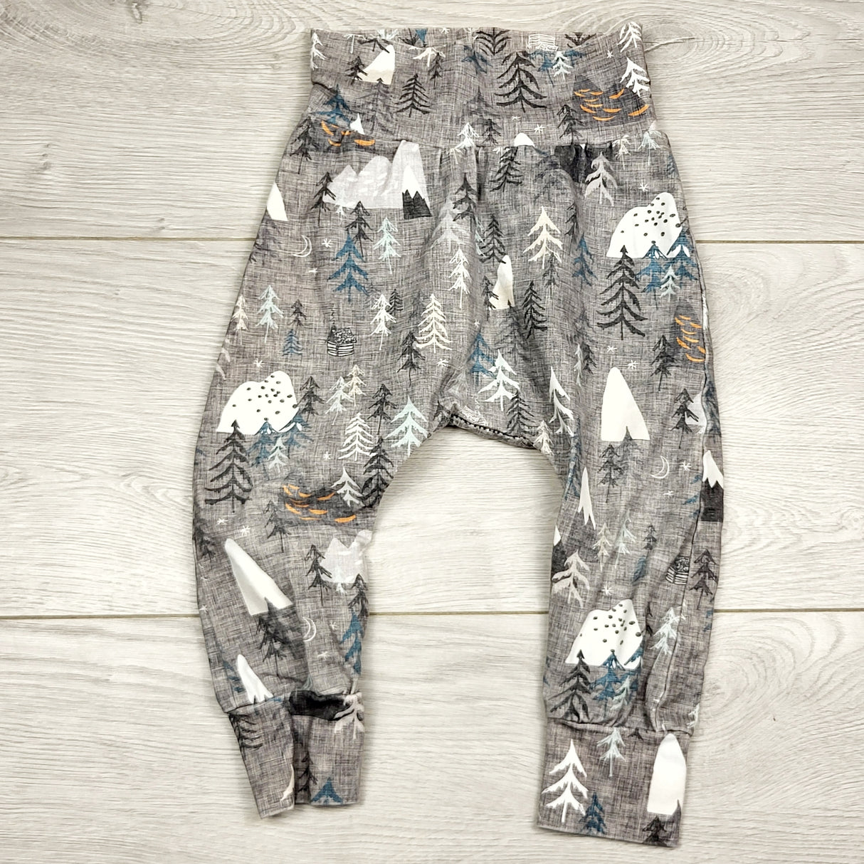 SPRCH1 - Three of a Kind grey handmade pants with mountains. Size 6-9 months