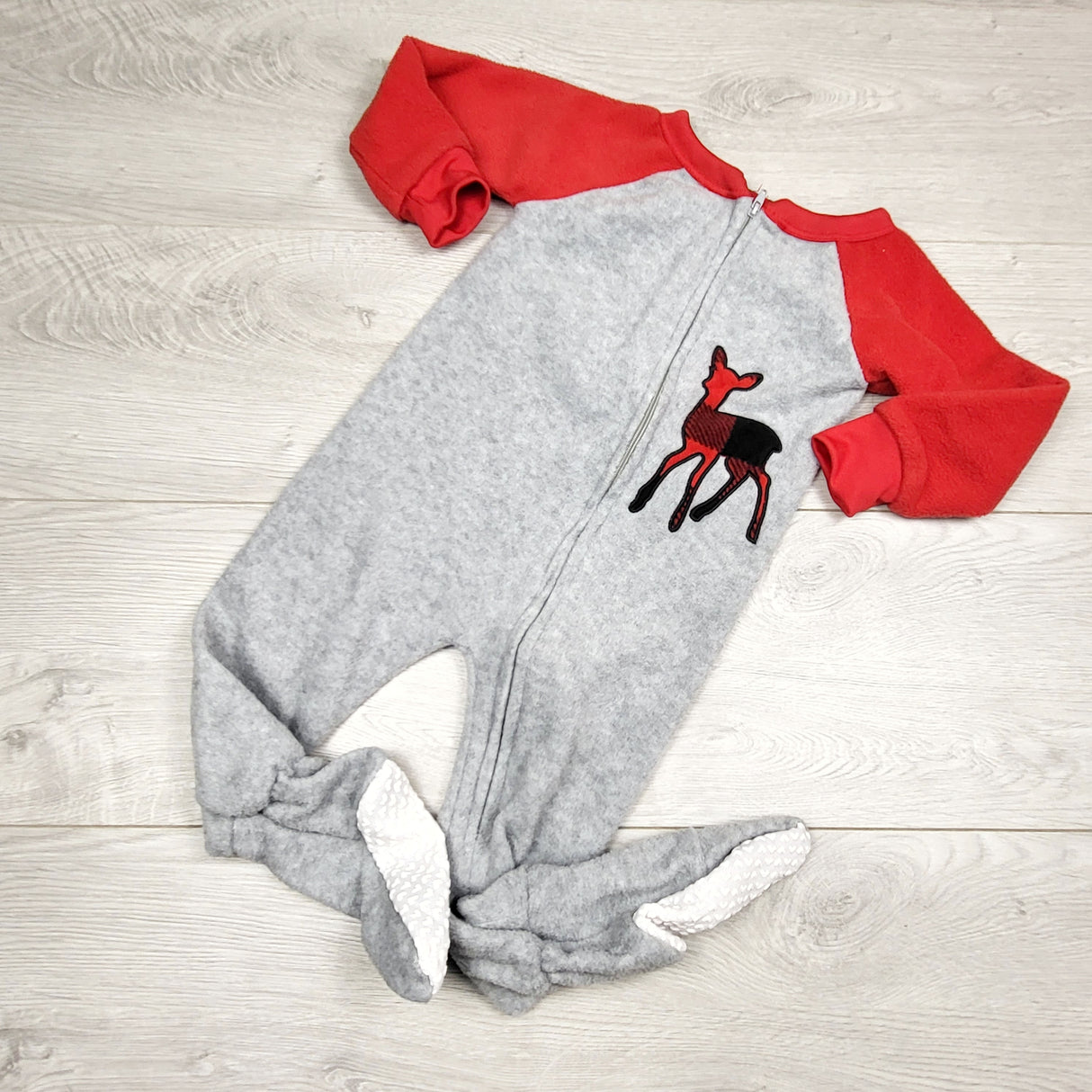 SPRCH1 - PJ's and Presents grey and red zippered fleece sleeer with deer. Size 12 months