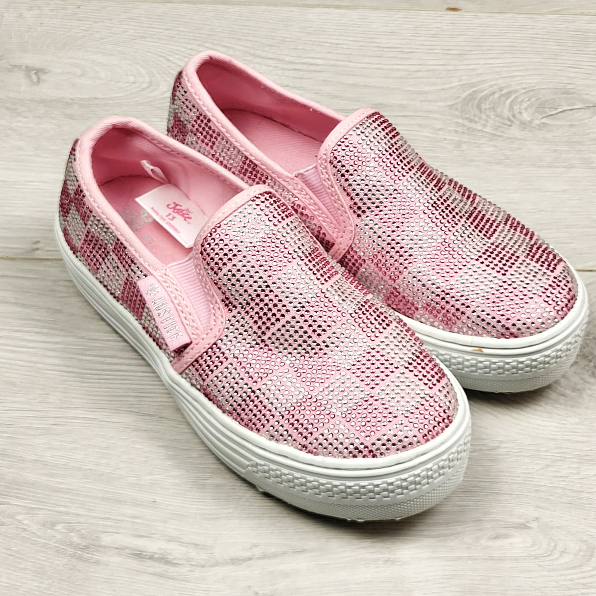 KTBL1 - Justice pink shimmery checkerboard slip on shoes. Size 13