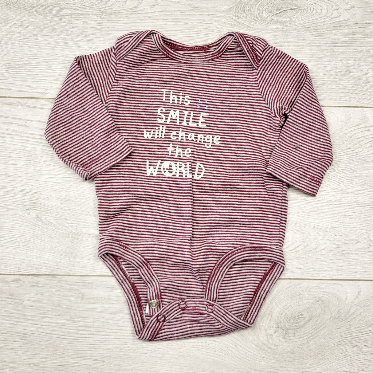 ECRS3 - Carters burgundy striped "This Smile Will Change the World" bodysuit. Size 3 months