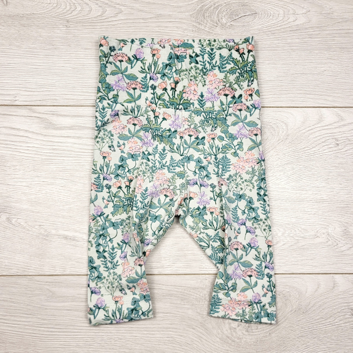 ECRS33 - H and M green floral print foldover cotton pants. Size 2-4 months