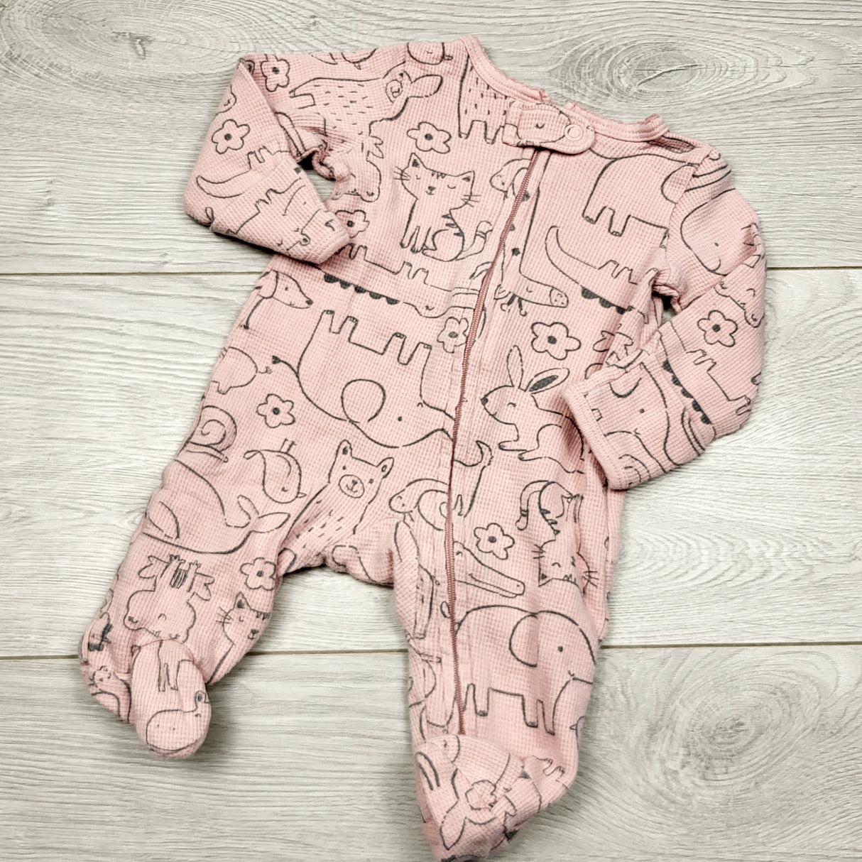 ECRS33 - Carters pink waffle knit zippered cotton sleeper with animals. Newborn size