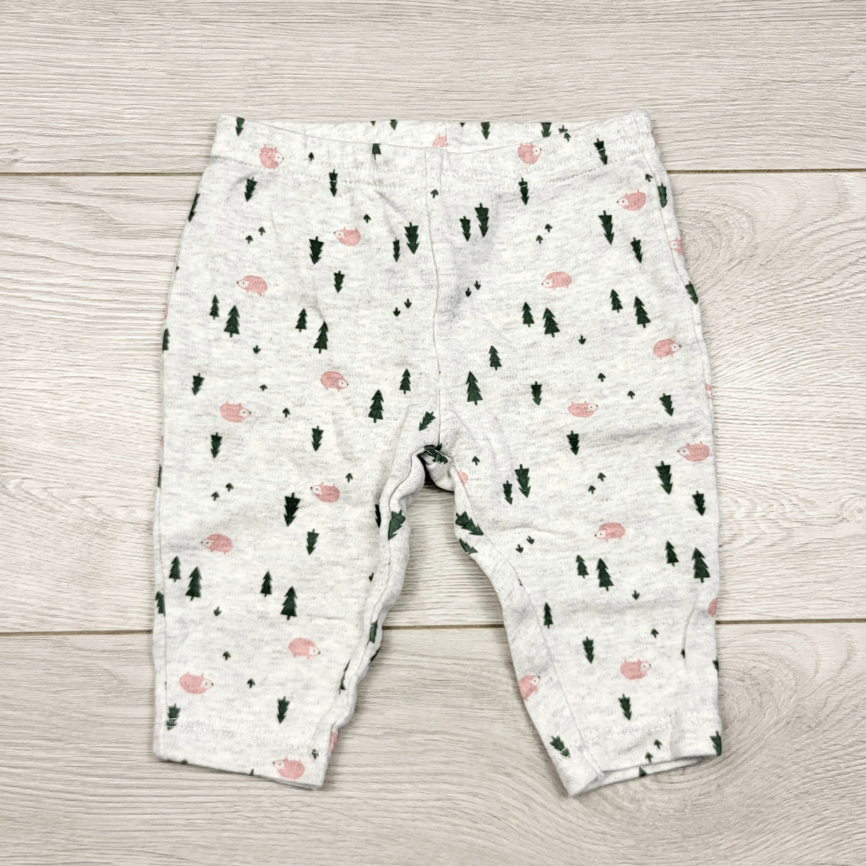 ECRS33 - Child of Mine grey cotton leggings with trees and hedgehogs. Size 0-3 months