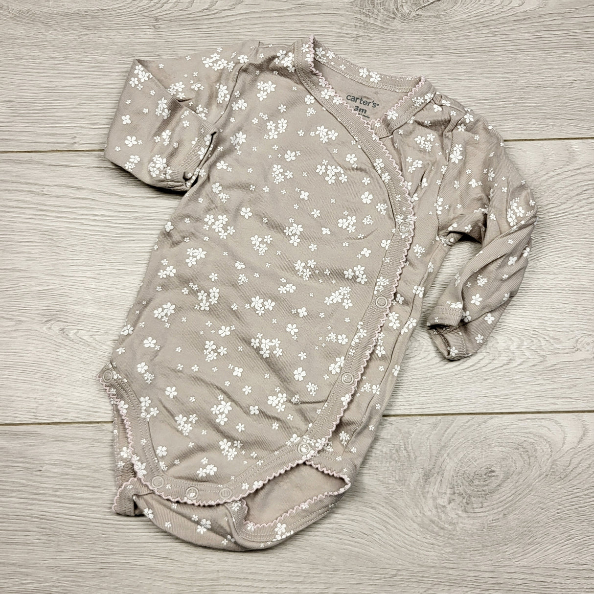 ECRS31 - Carters grey floral print wrap style bodysuit. Size 3 months