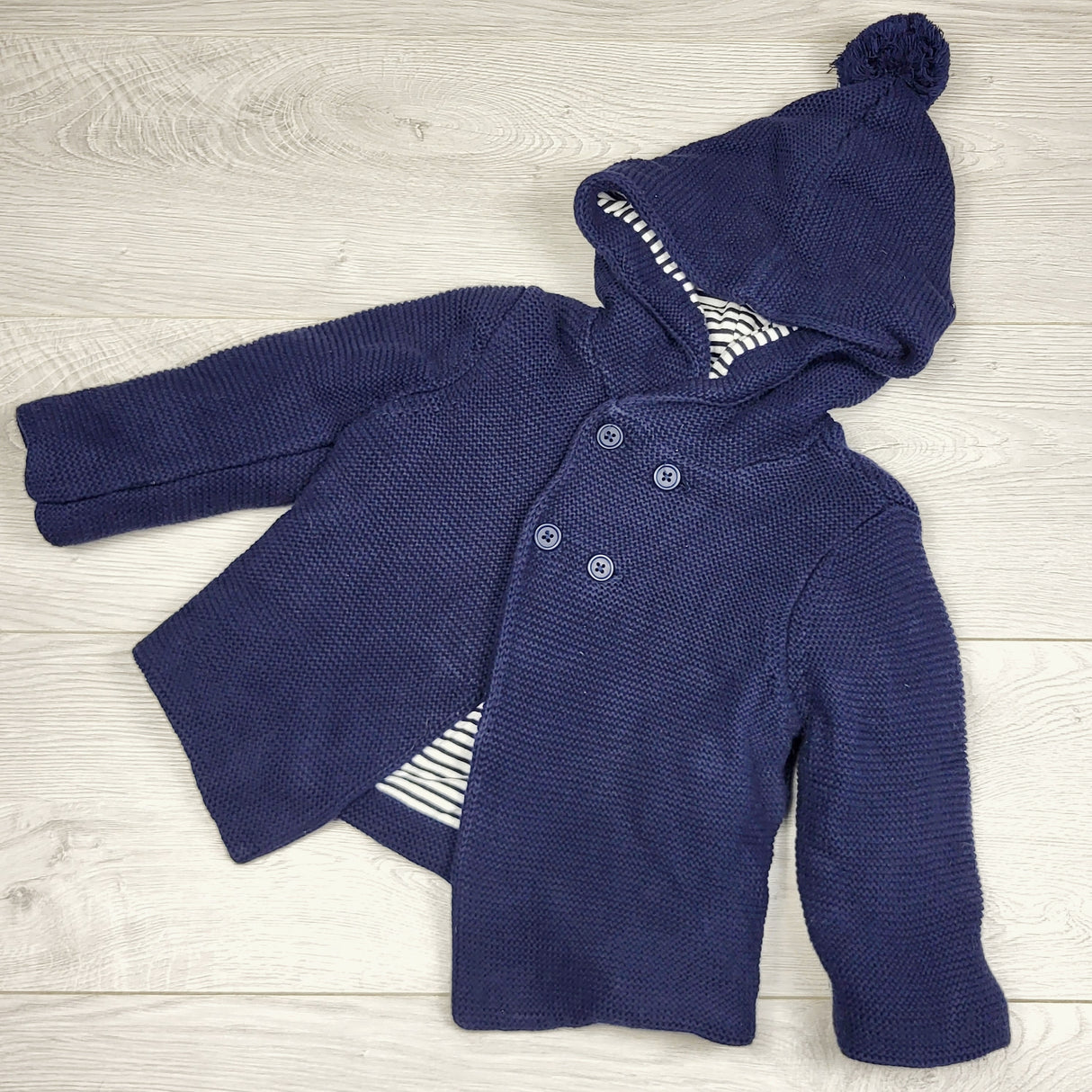 SPRCH2 - Seed Heritage navy hooded sweater coat with thick jersey lining. Size 6-12 months