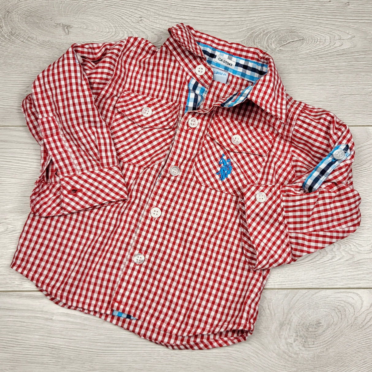 SPRCH2 - U.S. Polo Association red checked button down shirt. Size 12 months