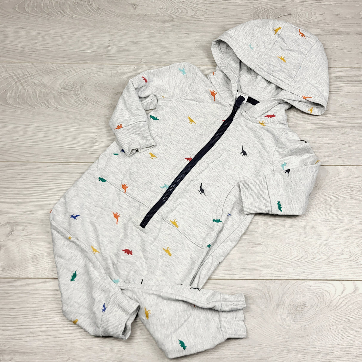 SPRCH2 - George grey hooded sweatshirt with romper with dinosaurs. Size 6-12 months