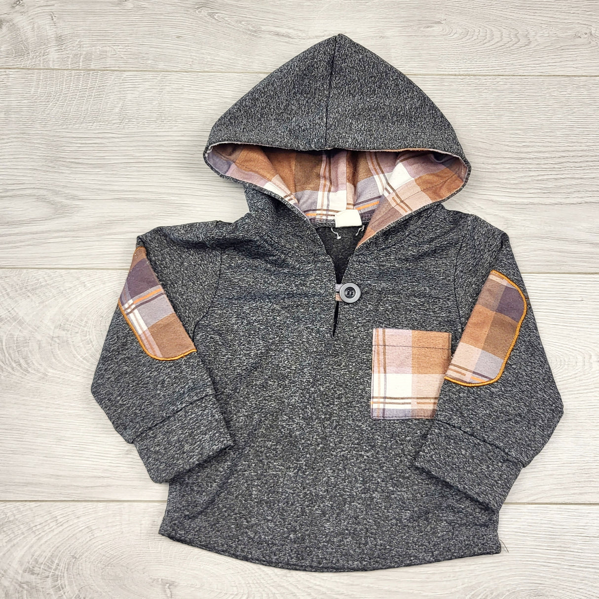 SPRCH3 - Grey hooded top with plaid accents. Approx 12 months