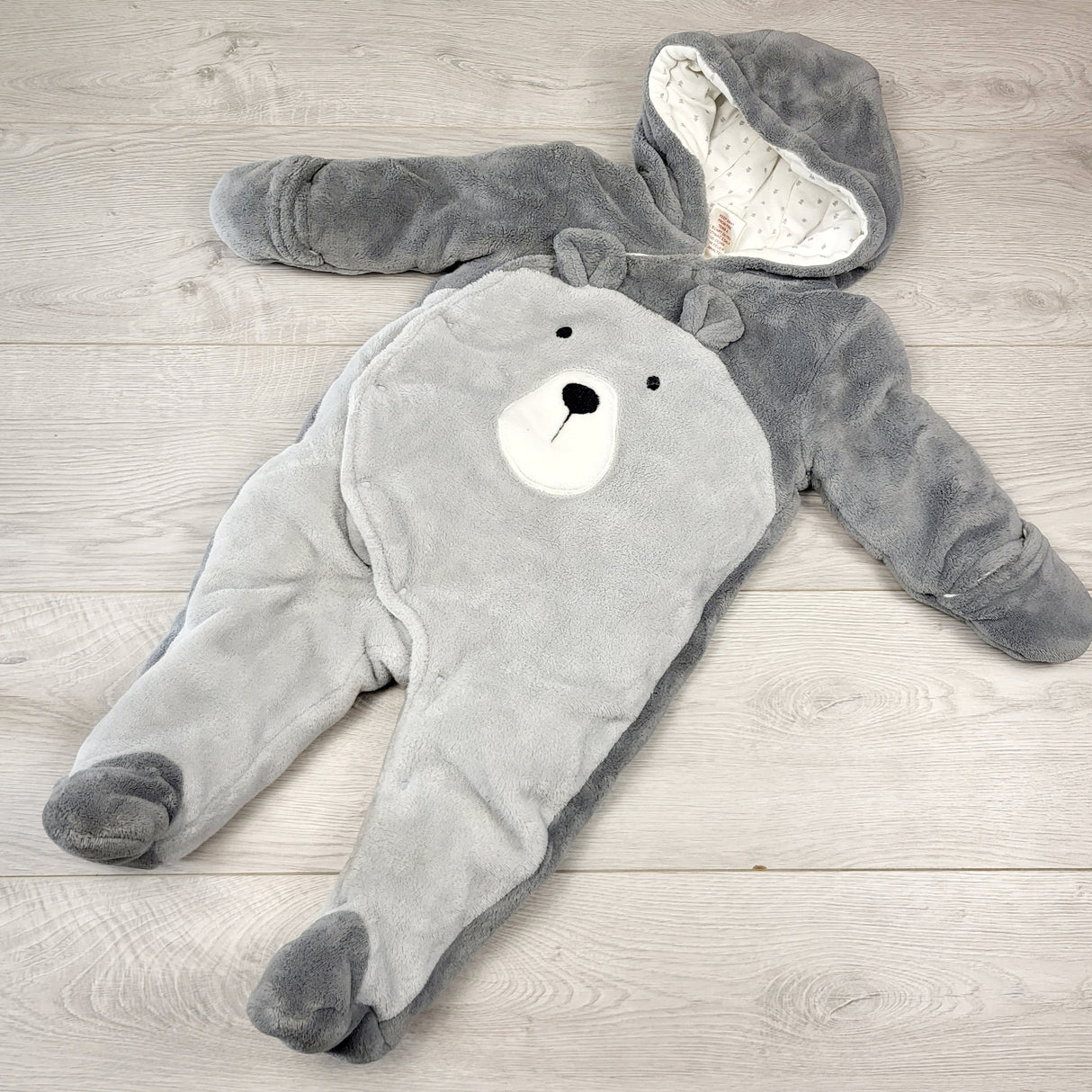 SPRCH3 - First Wish grey plush jersey lined bear bunting suit. Size 9-12 months