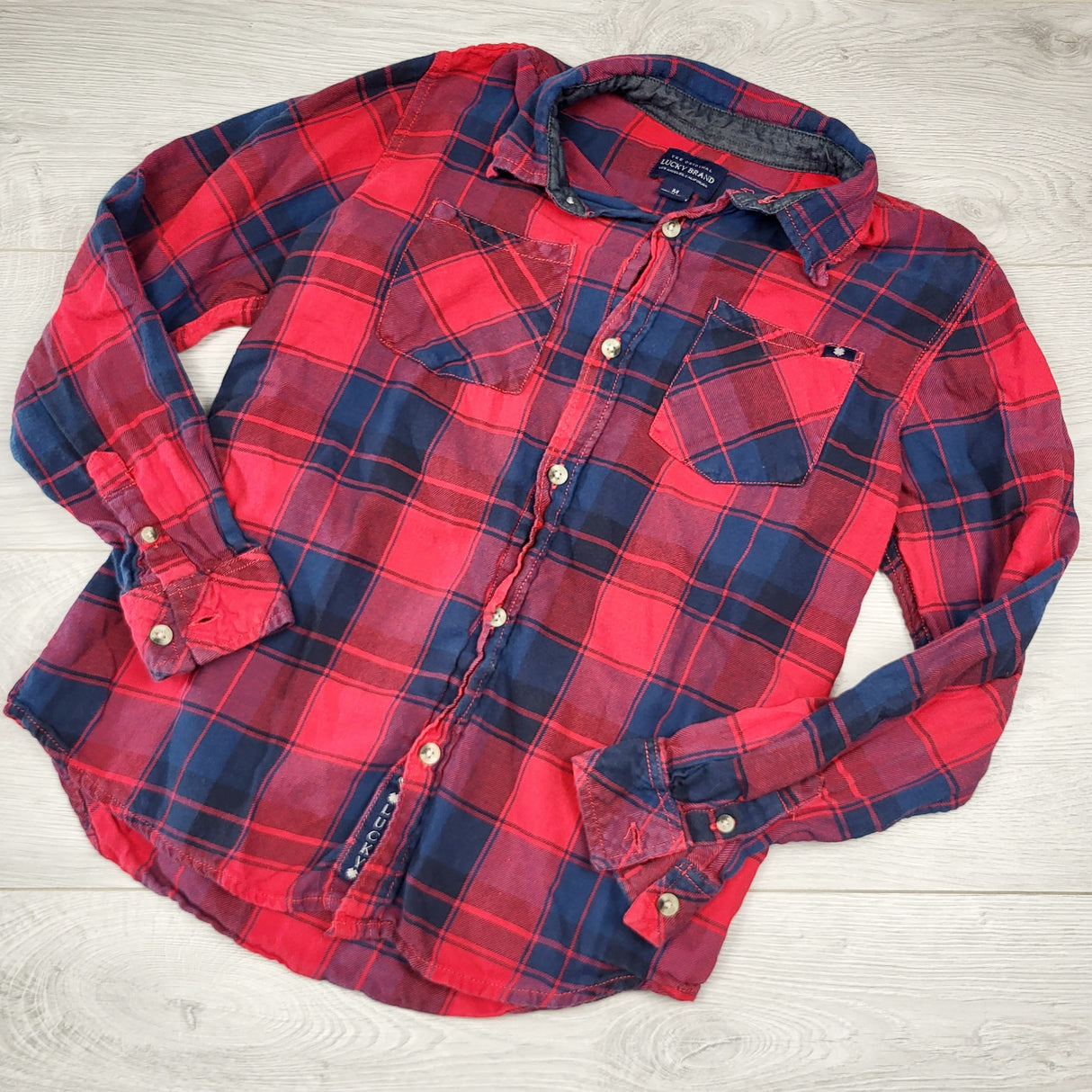 RMAC1 - Lucky Brand red and navy plaid button down shirt. Size medium