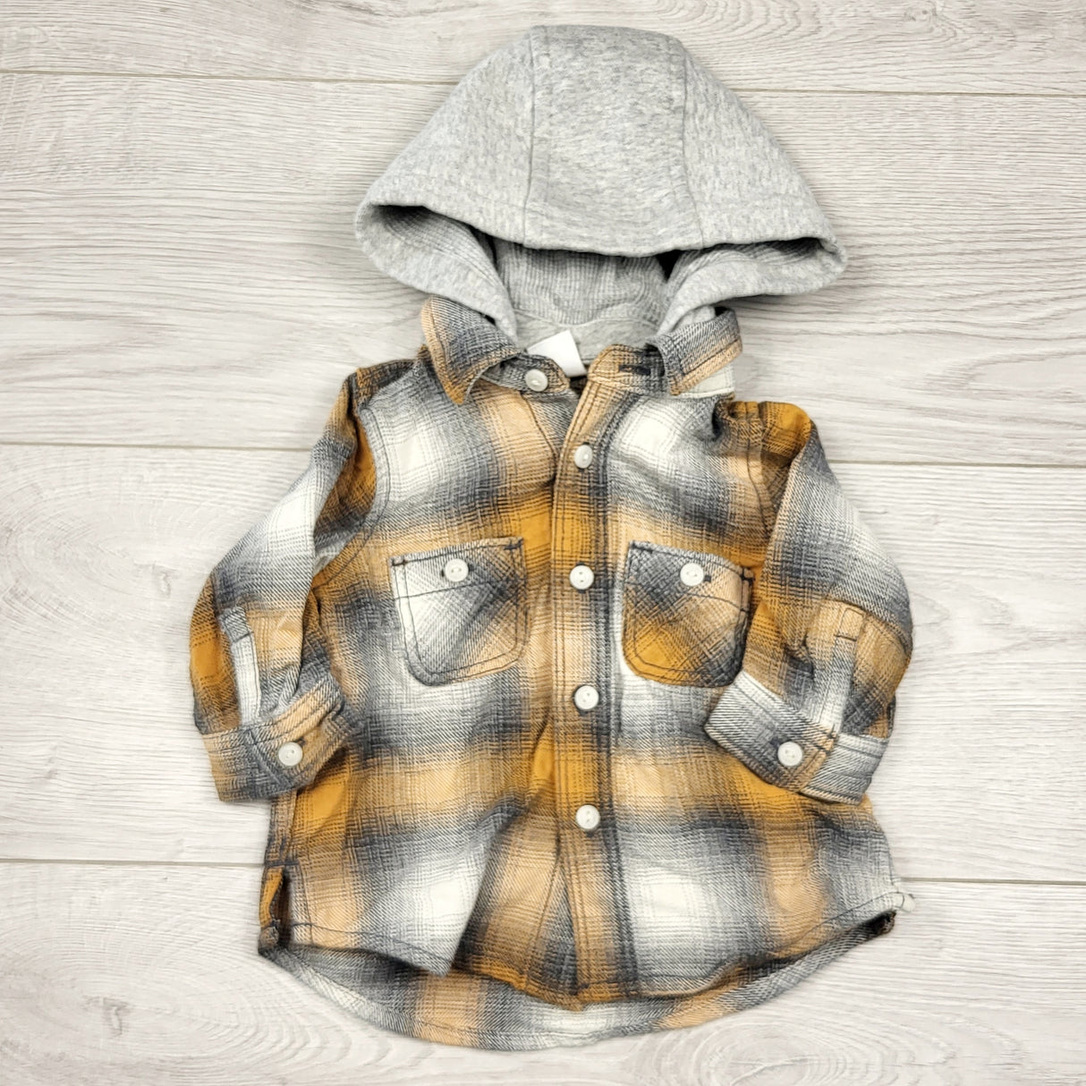 LMAC1 - Gap hooded plaid button down flannel shirt. Size 3-6 months