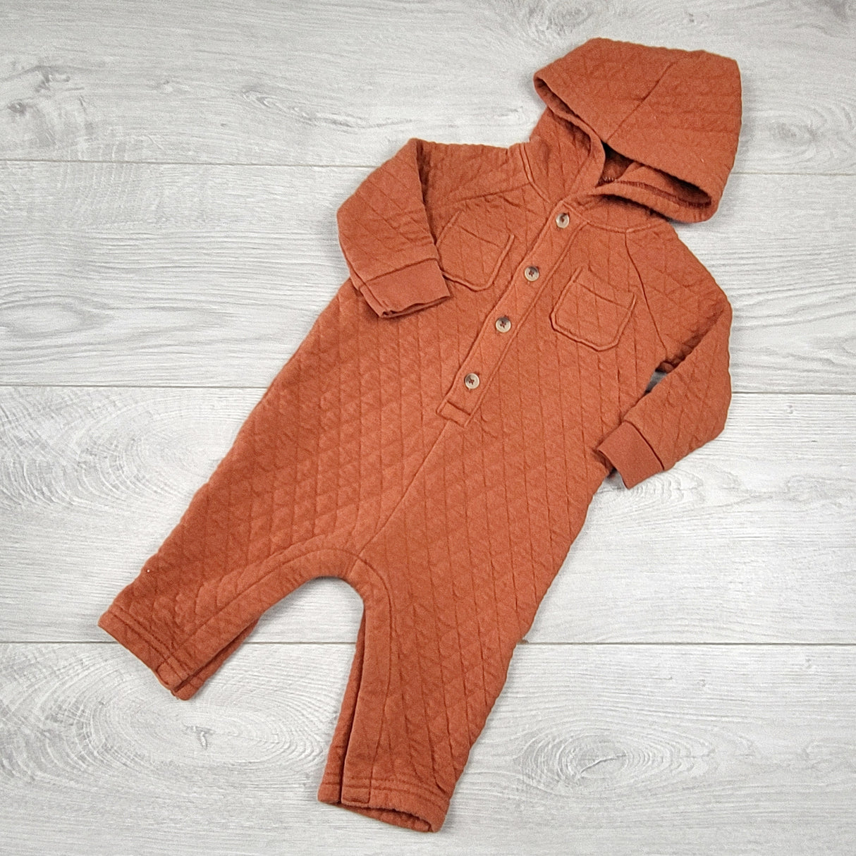 LMAC1 - Old Navy burnt orange quilted cotton hooded romper. Size 3-6 months