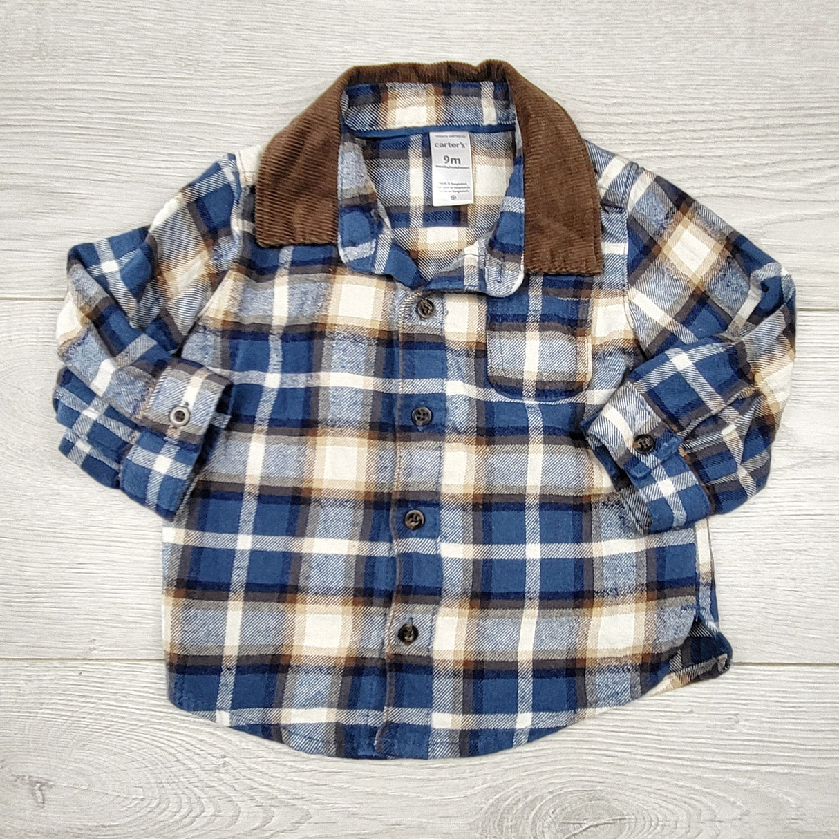 LMAC1 - Carters blue plaid button down flannel shirt. Size 9 months