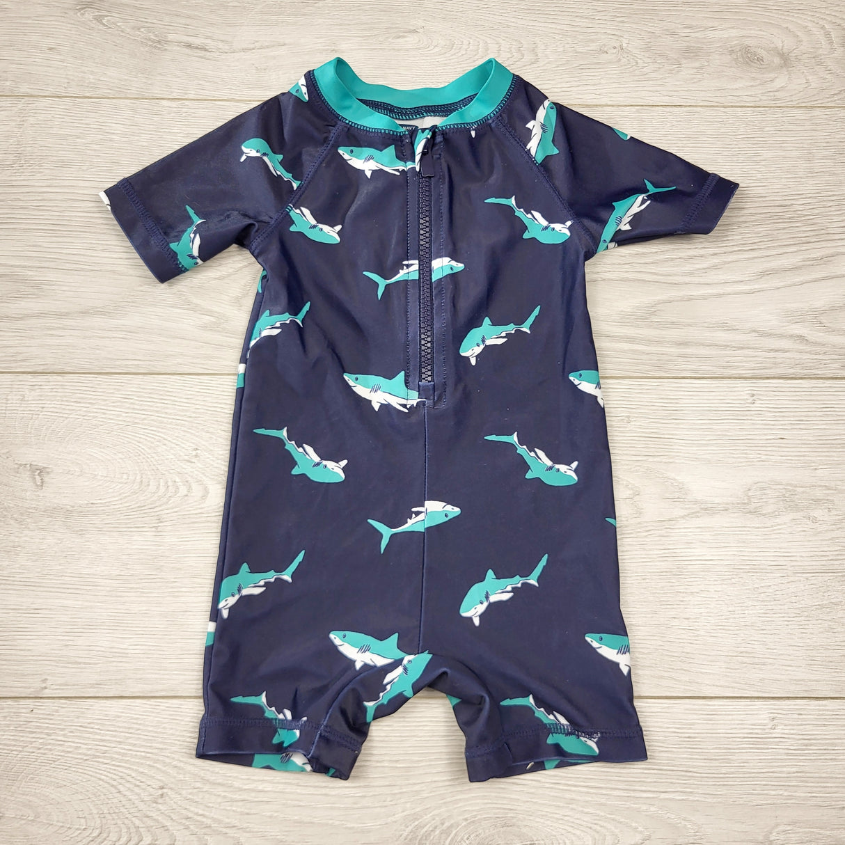 LMAC1 - Old Navy navy one piece rash guard with sharks. Size 6-12 months