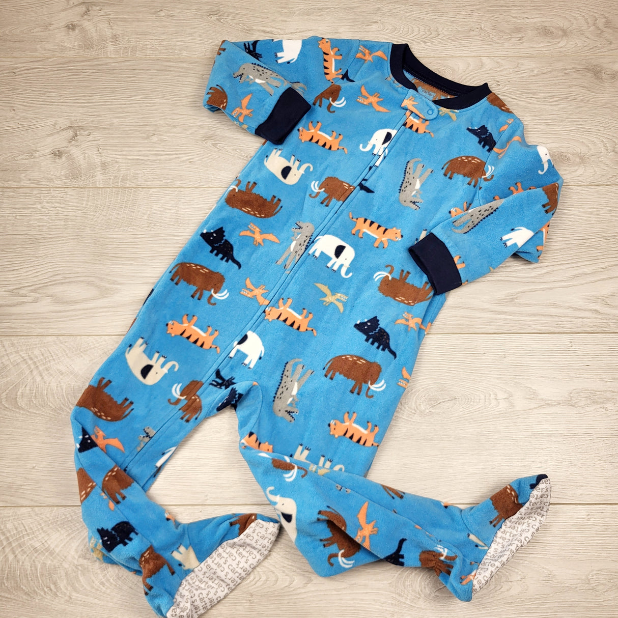 RBRSN2 - Carters blue zippered fleece sleeper with animals. Size 3T