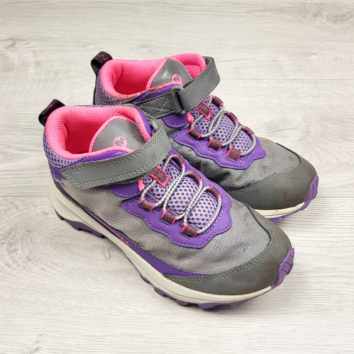 RMAC2 - Merrell purple and grey Moab waterproof hiking boots. Youth size 2