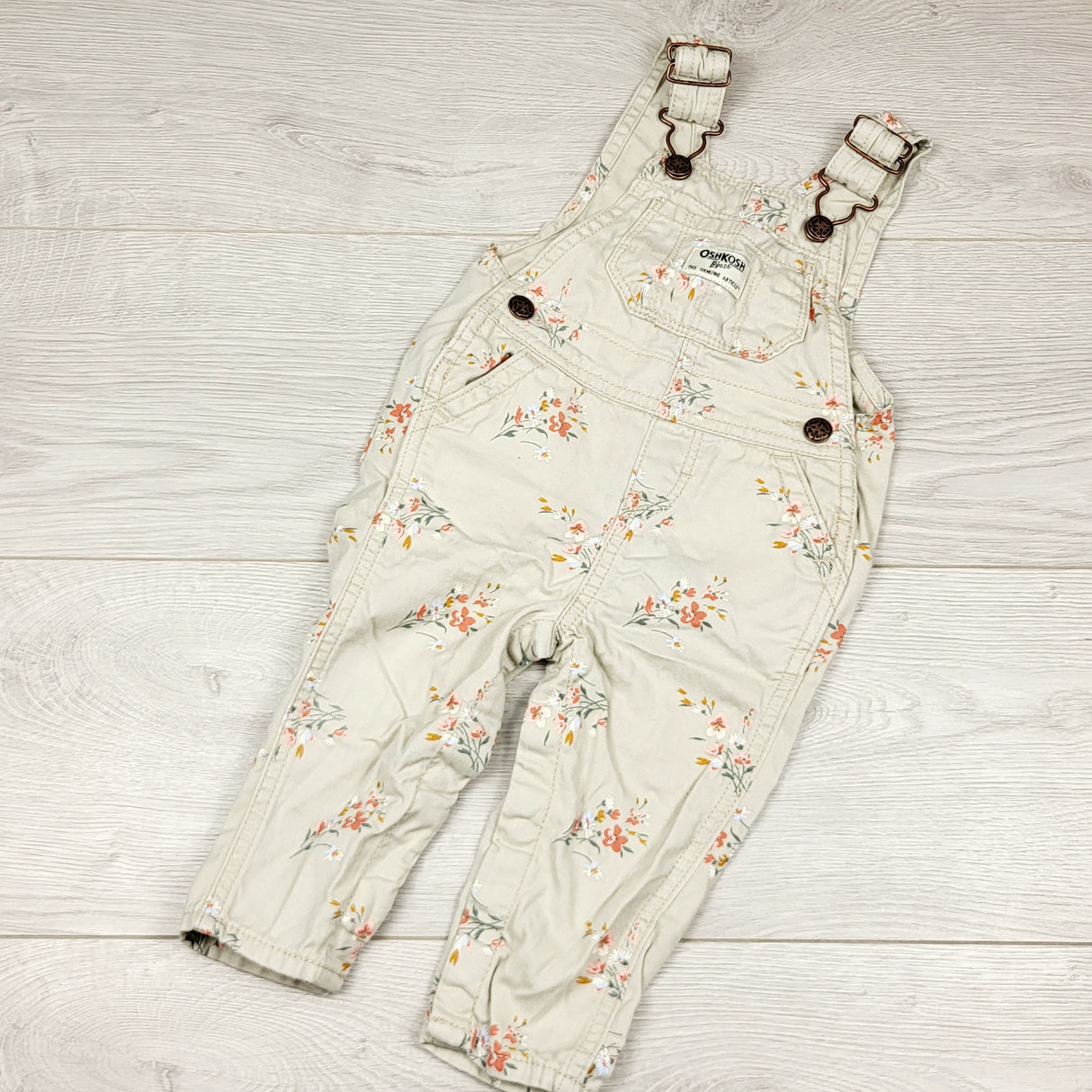 ECRS4 - Oshkosh grey floral print denim overalls. Size 6 months