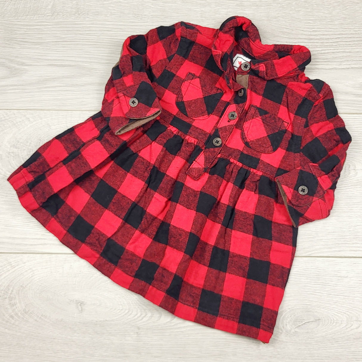 ECRS4 - Canadiana red buffalo plaid flannel dress. Size 3-6 months