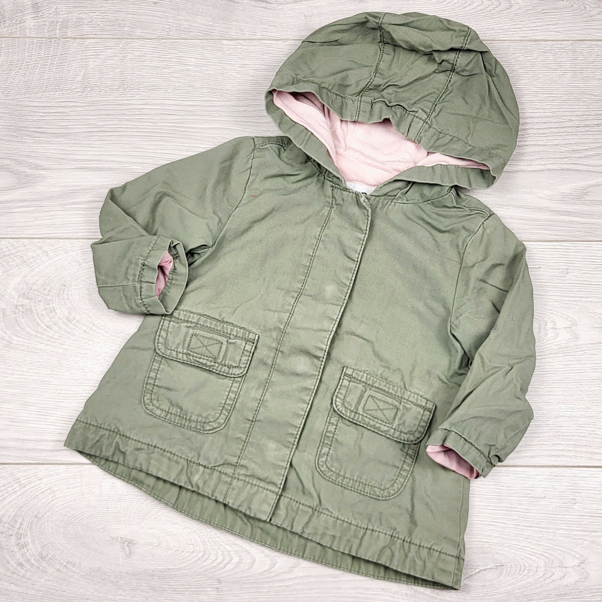 ECRS4 - Old Navy jersey lined olive green hooded utility jacket. Size 6-12 months