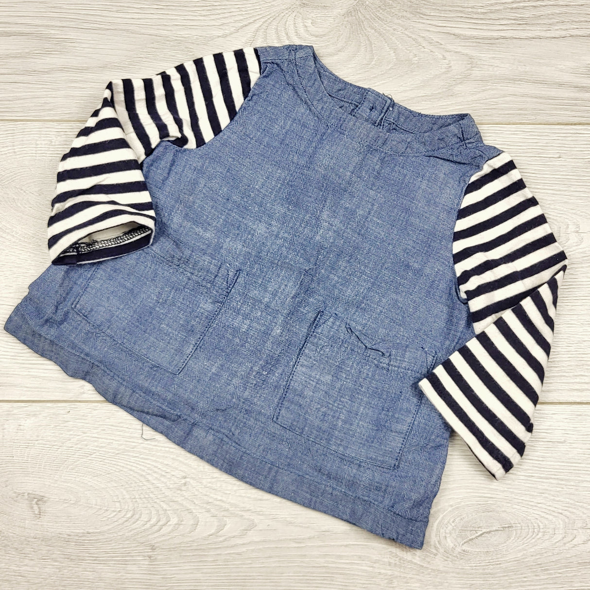 ECRS4 - Gap chambray tops with striped sleeves. Size 3-6 months