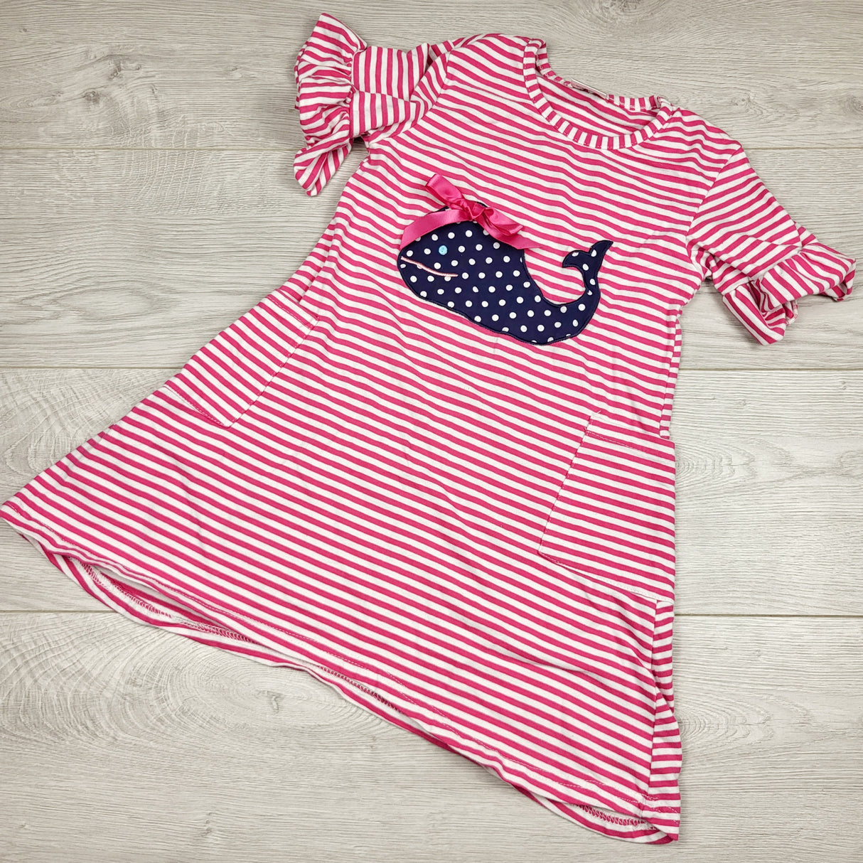 CKFT1 - Pink striped dress with whales. Approx size 5/6