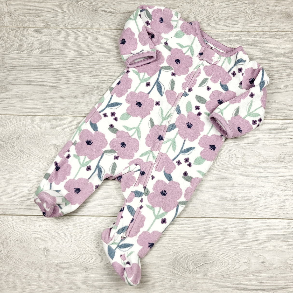 JGIB1 - Child of Mine purple and white floral print zippered fleece sleeper. Size 0-3 months