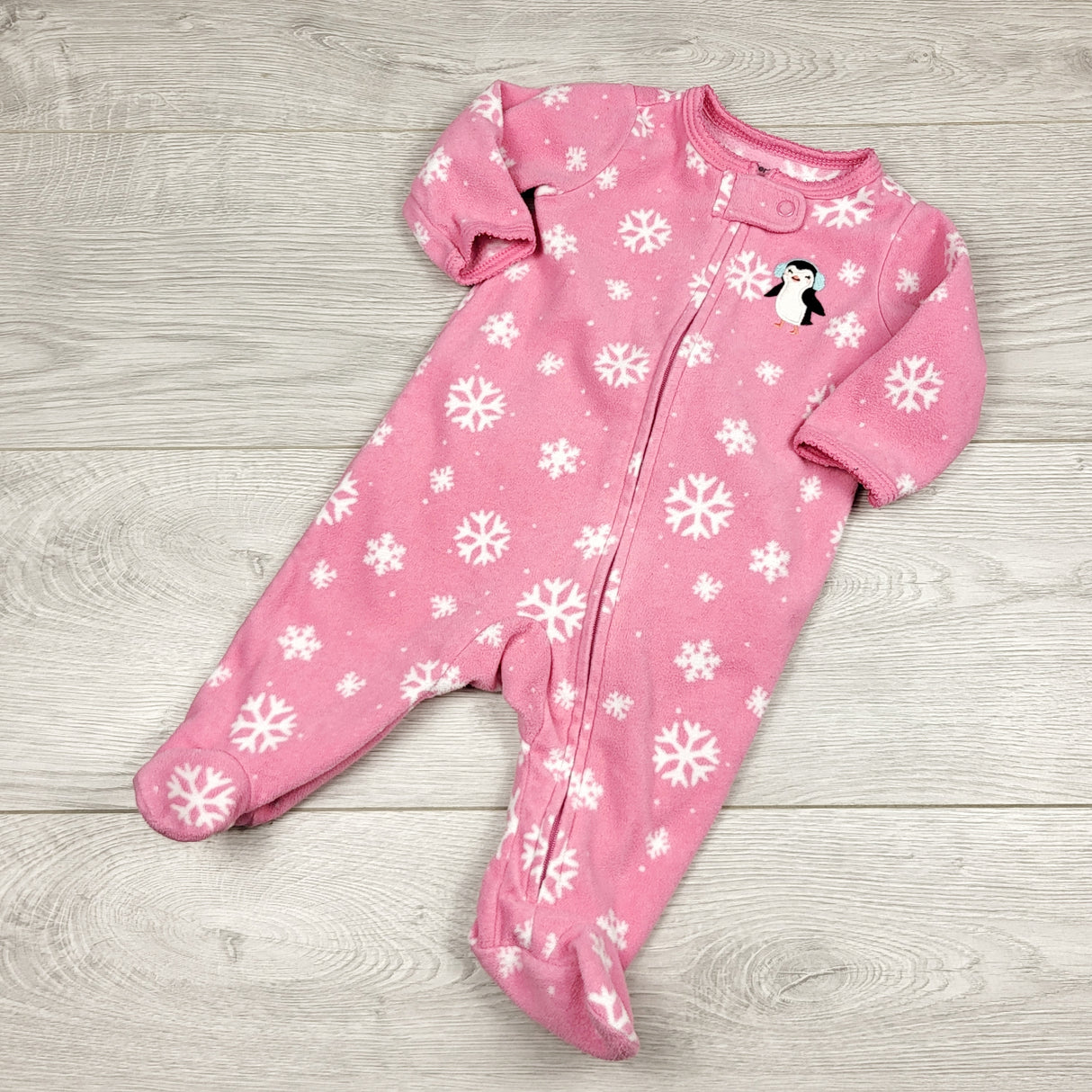 JGIB1 - Carters pink zippered fleece sleeper with snowflakes. Size 3 months