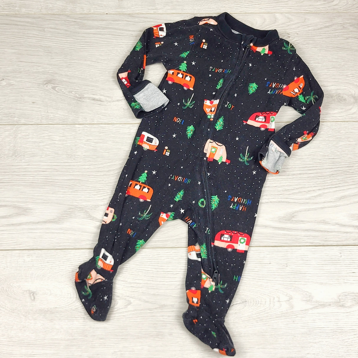 COWN1 - Old Navy black zippered cotton sleeper with holiday theme. Size 3-6 months