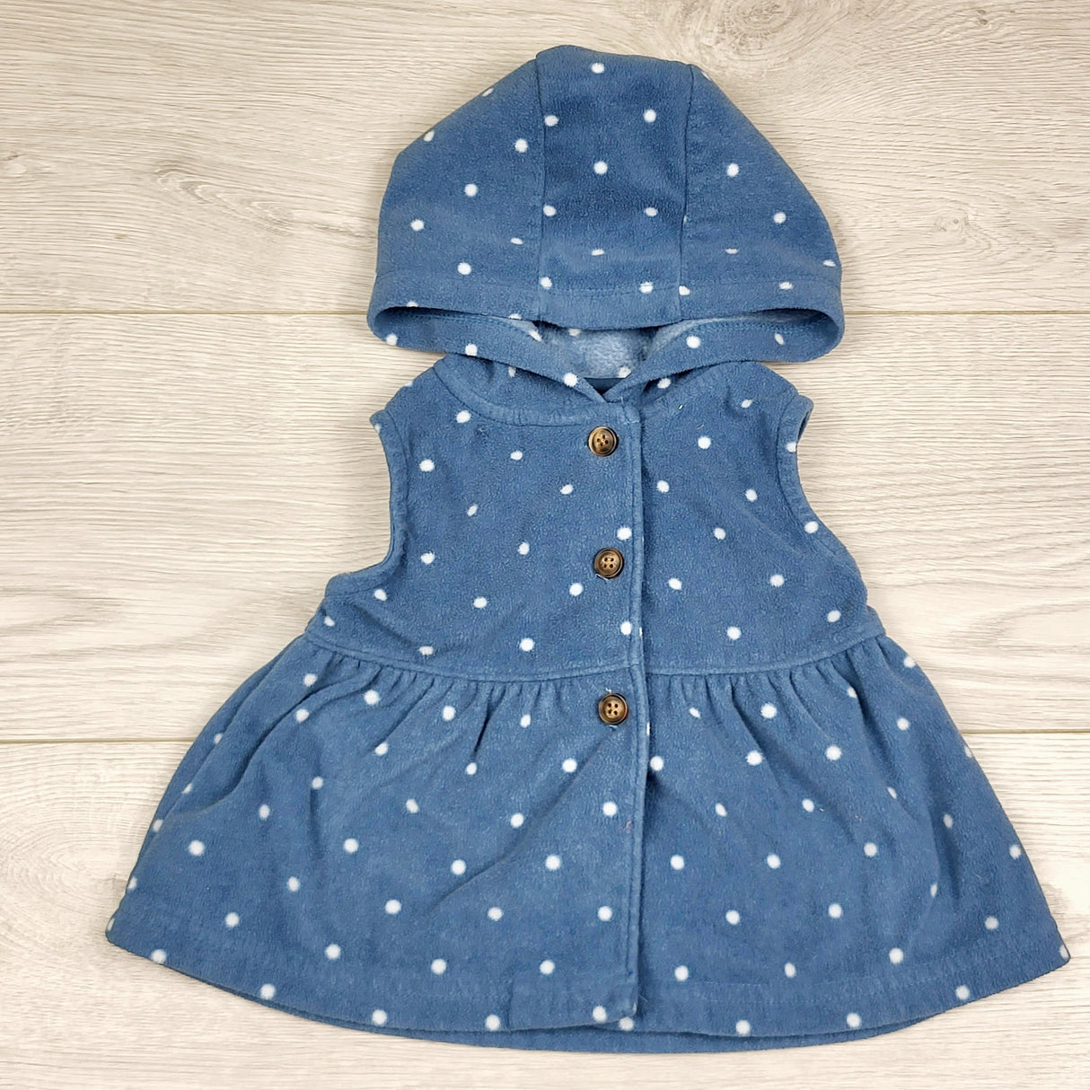 COWN1 - Child of Mine blue polka dot hooded fleece vest. Size 3-6 months