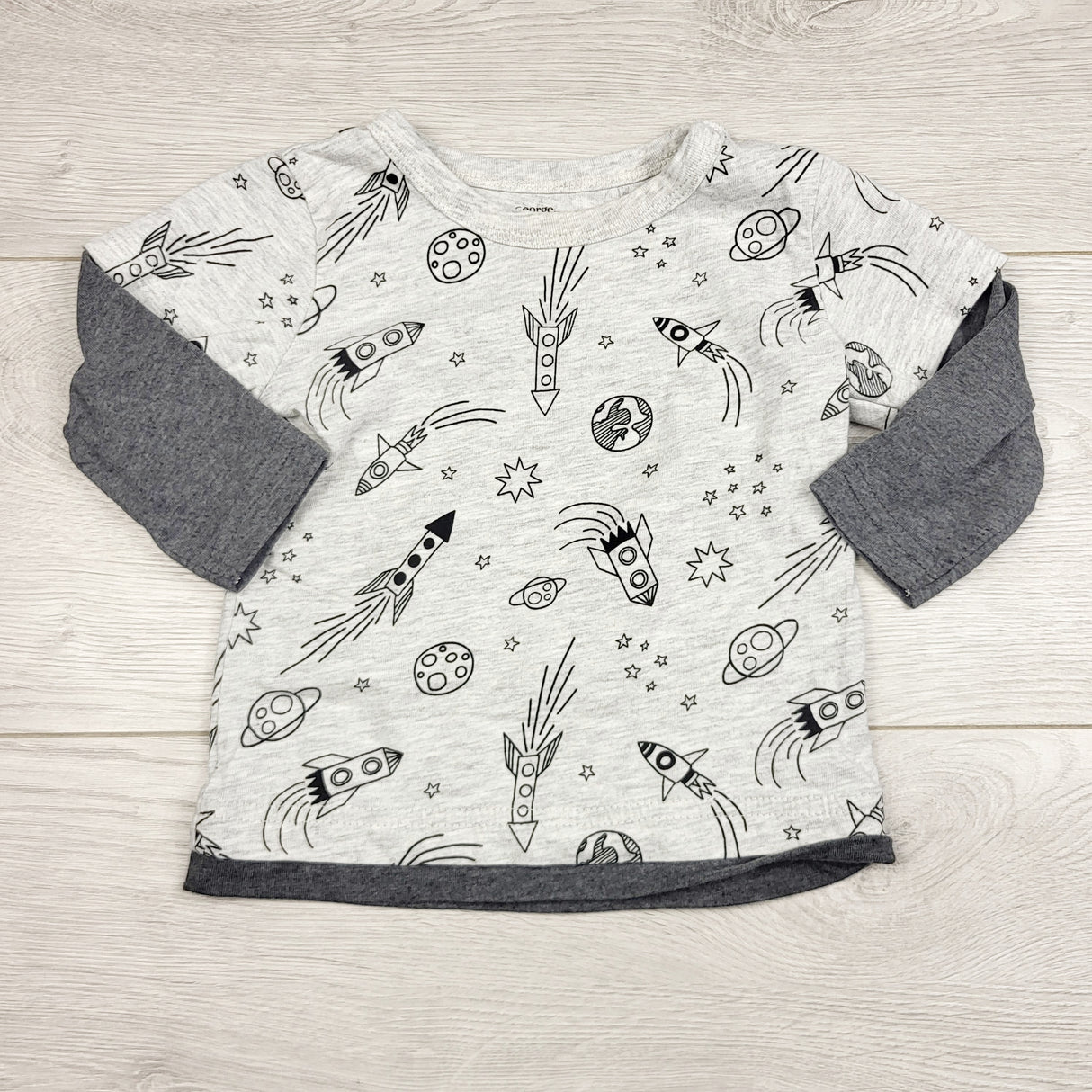 LMAC22 - George grey fooler shirt with space theme. Size 6-12 months