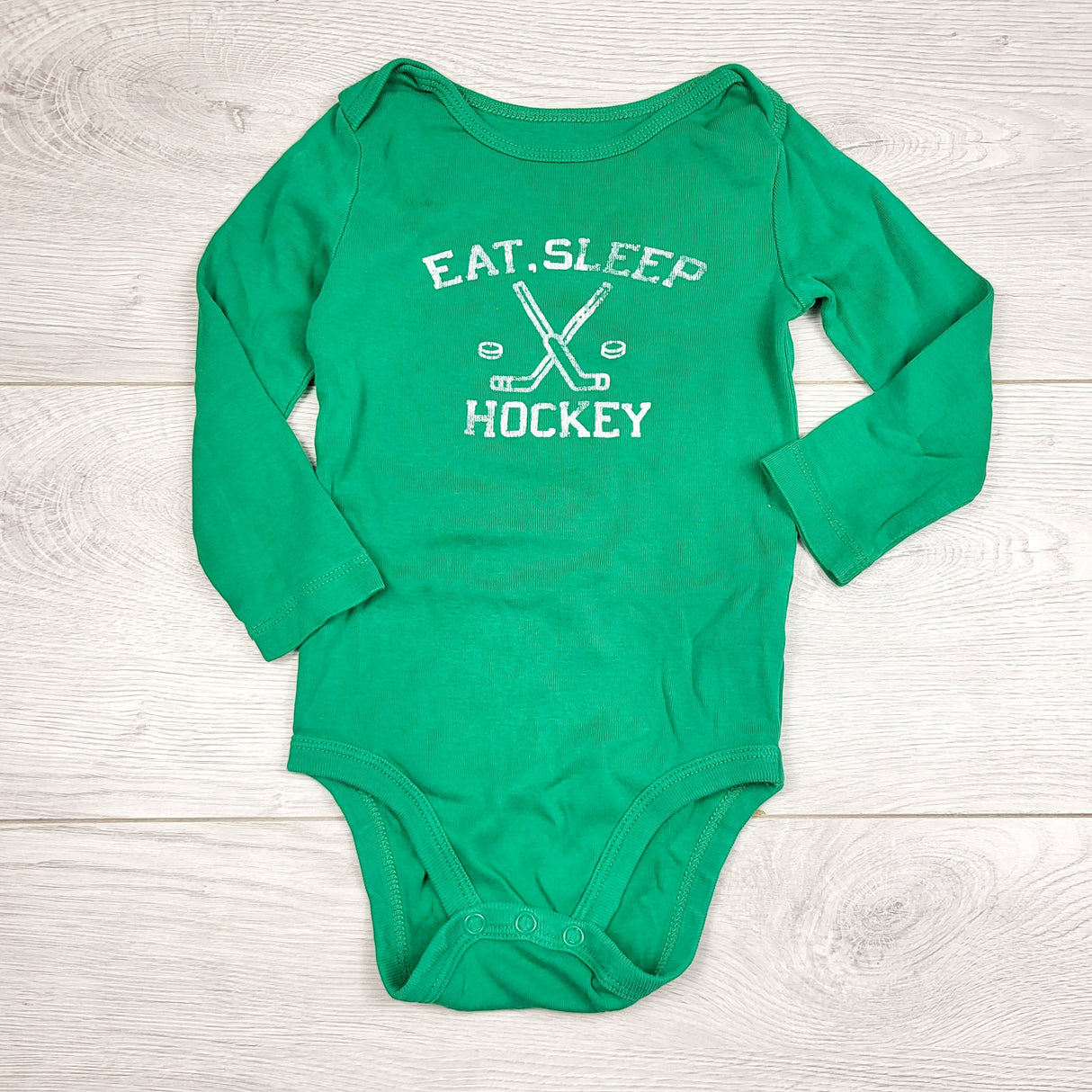 LMAC22 - Joe green distresses "Eat Sleep Hockey" bodysuit. Size 12-18 months