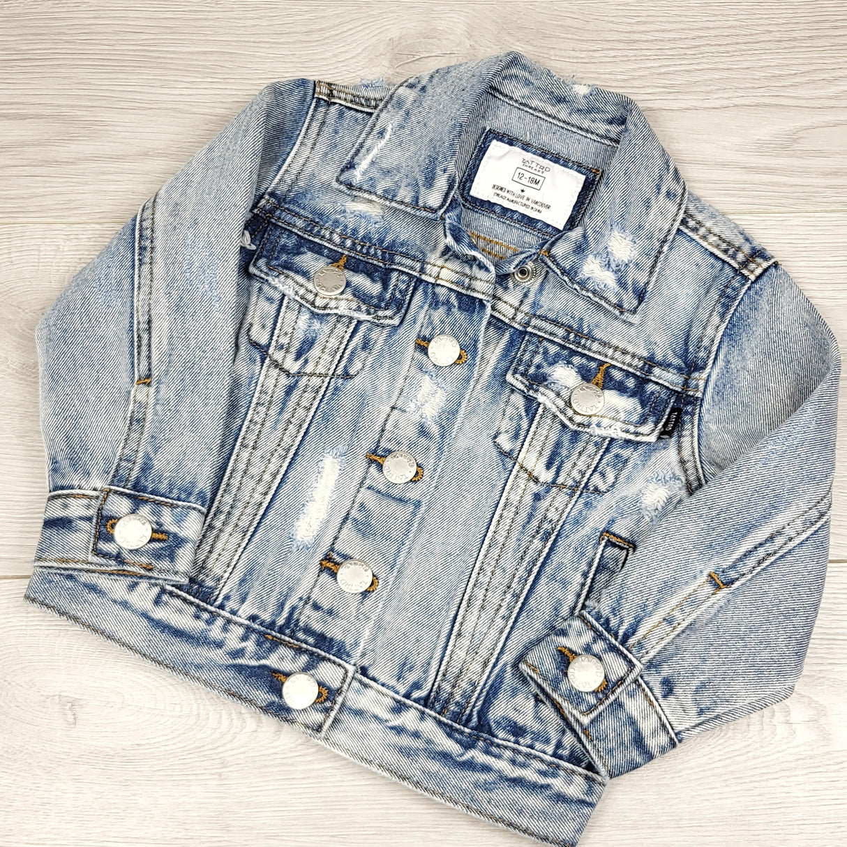 LMTY2 - Tattrd Threads custom distresses denim jacket. Size 12-18 months