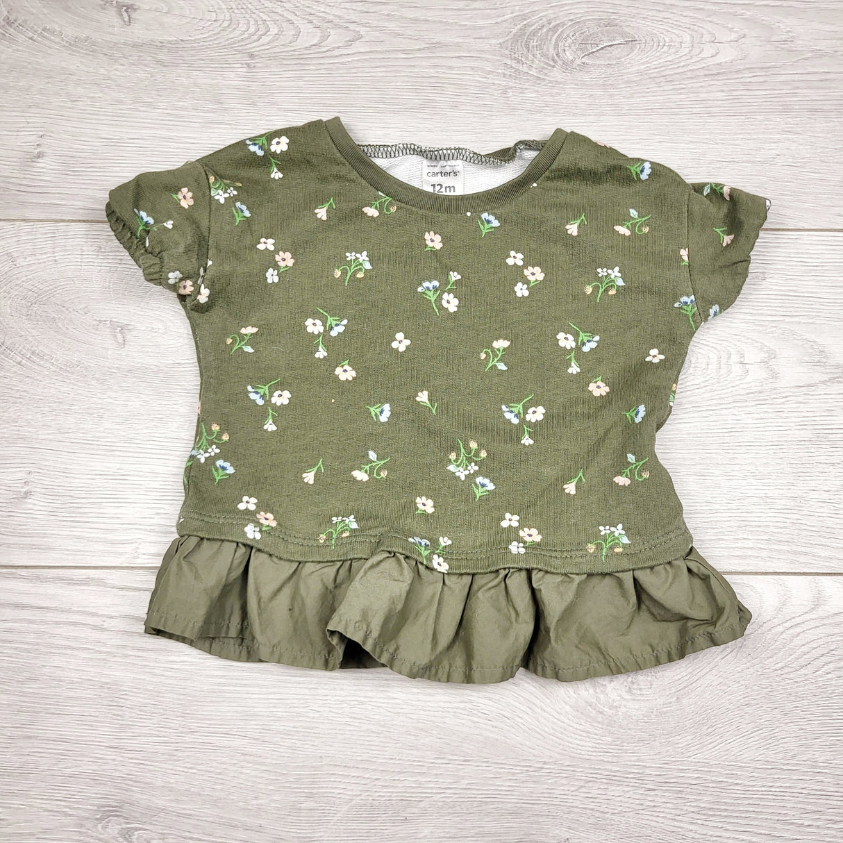 BVRN33- Carters green floral print short sleeved sweatshirt. Size 12 months