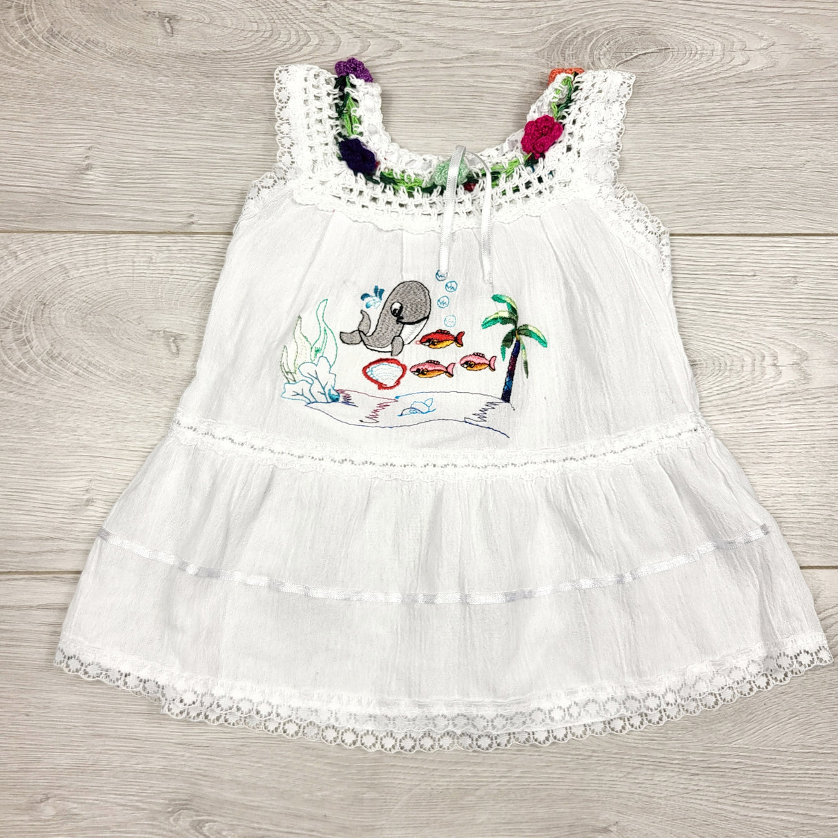 BVRN33 - White crepe style dress with embroidery. Approx 6 months