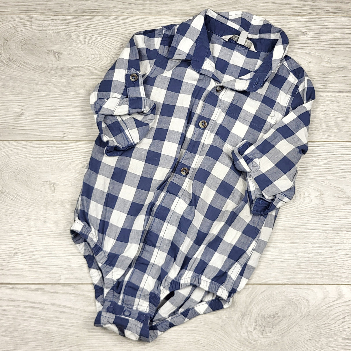 RUBH1 - George blue checked button down bodysuit. Size 12-18 months