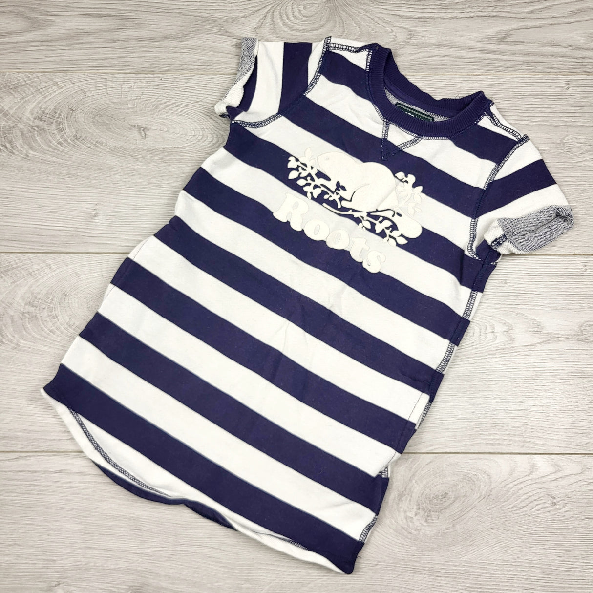 DMKY2 - Roots Kids navy and whte striped sweatshirt dress. Size 3T