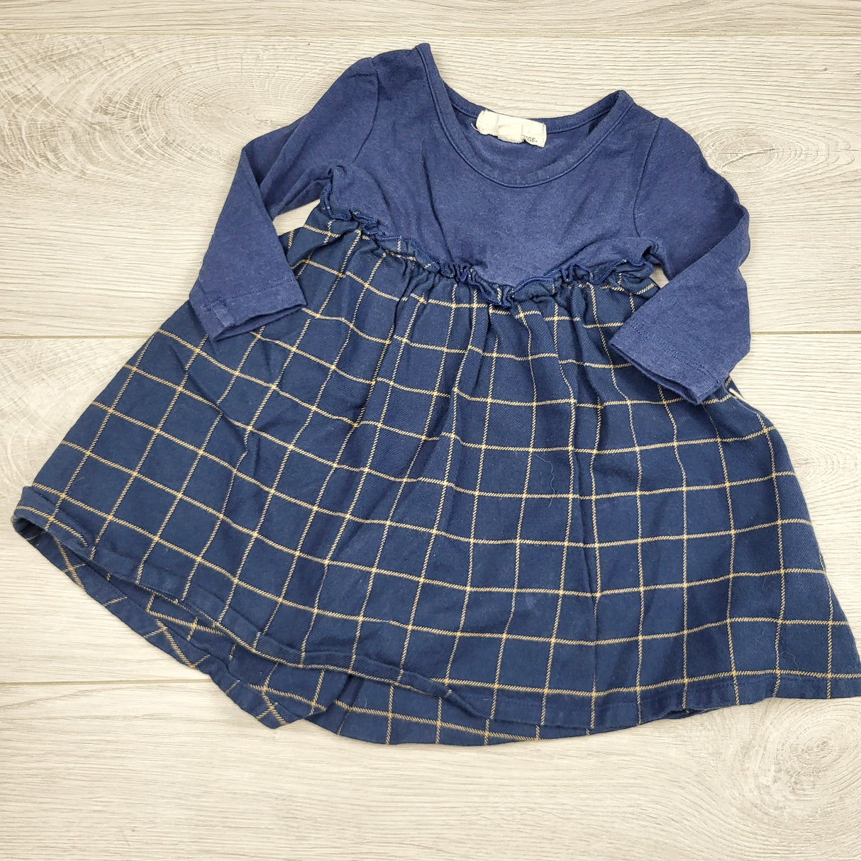 DMKY22 - Greige navy checked dress with attached bodysuit. Size 3-6 months