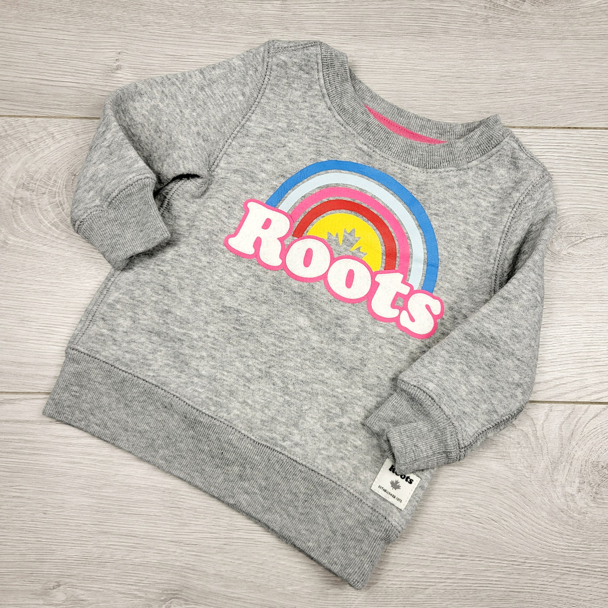 DMKY22 - Roots grey fleecy lined sweatshirt with rainbow. Size 3-6 months