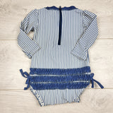 DMKY22 - Ruffle Butts navy striped long sleeved swimsuit. Size 6-12 months